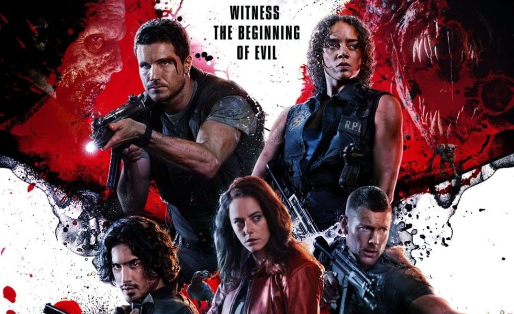 A crop of the theatrical poster for 'Resident Evil: Welcome to Raccoon City' showing the main characters.